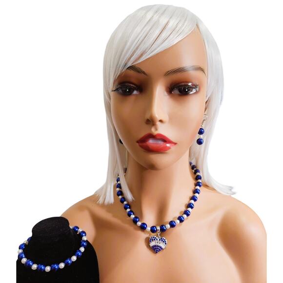 Zeta Phi Beta Jewelry Set Blue and white Necklace, Bracelet and Earrings - Picture 2 of 6